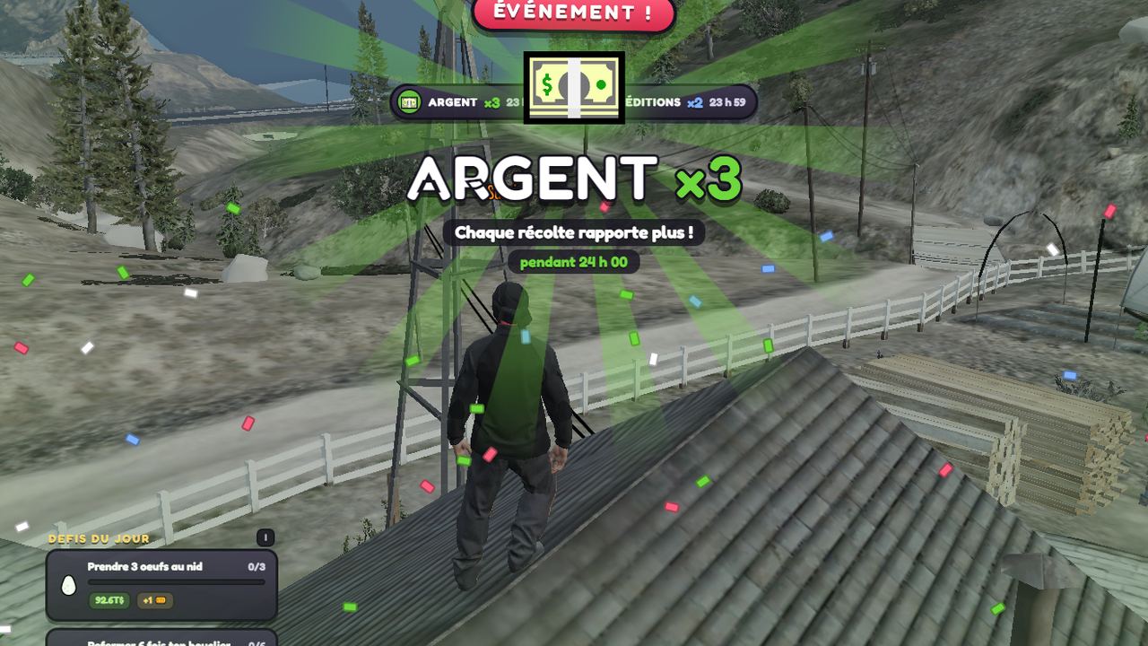 En jeu : l'annonce d'un événement Argent ×3 avec des confettis